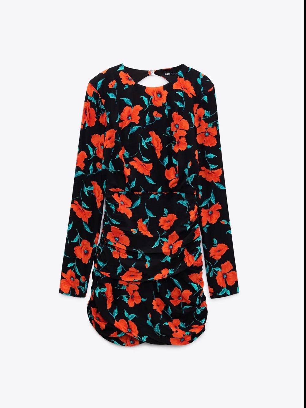 Zara Black Mini Dress with Red Floral Print and Teal Leaves